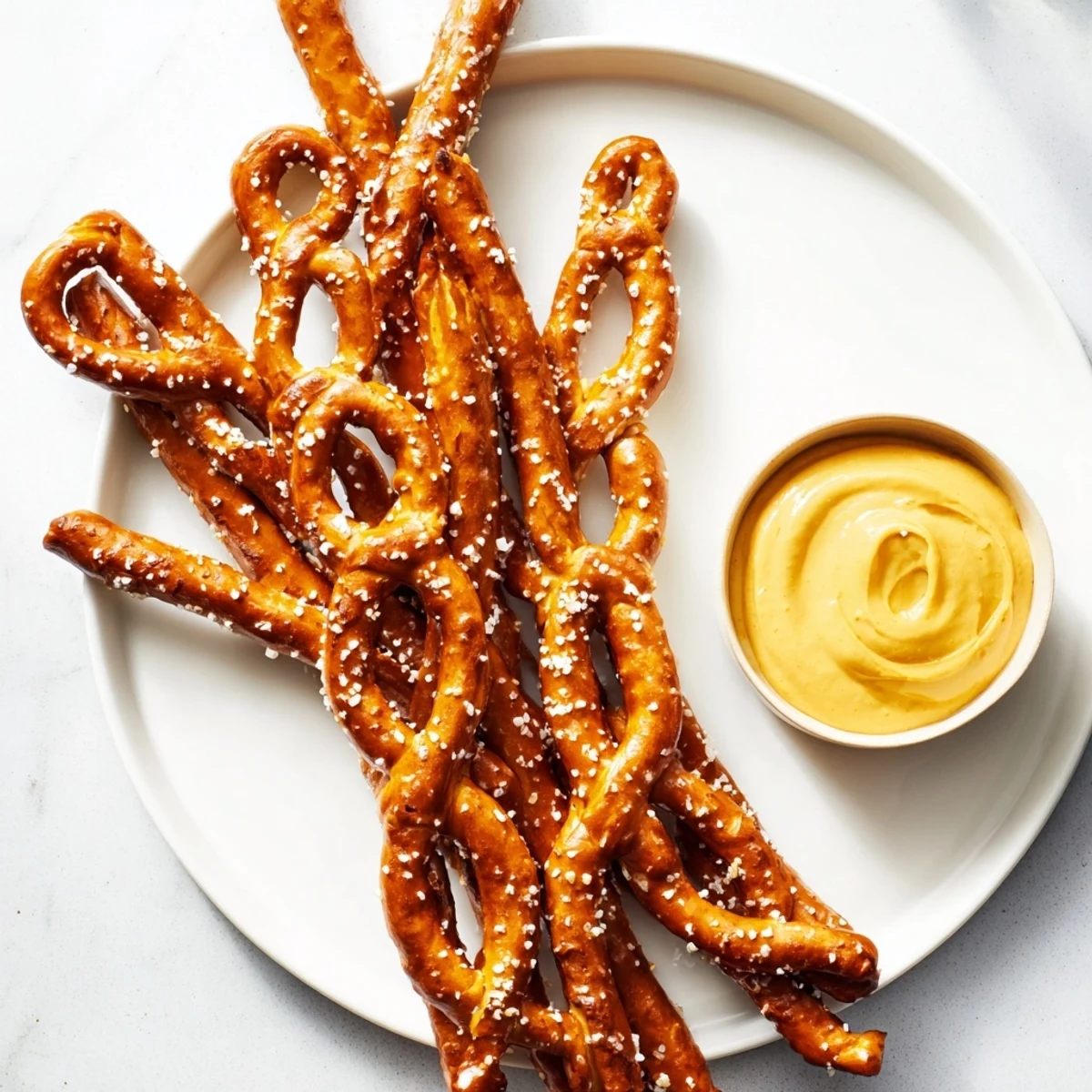 Golden, crispy pretzel rods beside a small bowl of fiery, homemade hot mustard dip for dipping.