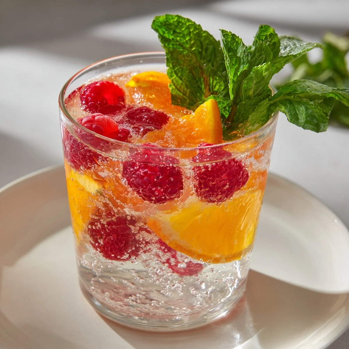 Refreshing Sparkling Juice with Raspberries: A bubbly drink with vibrant red berries and sliced oranges.