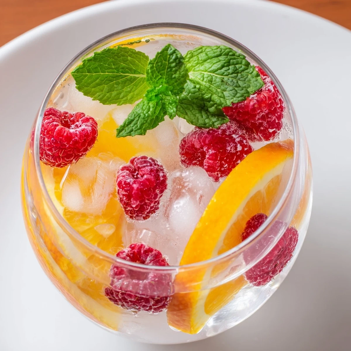 Festive Sparkling Juice with Raspberries, garnished with mint sprigs, ready for celebrations in elegant glasses.