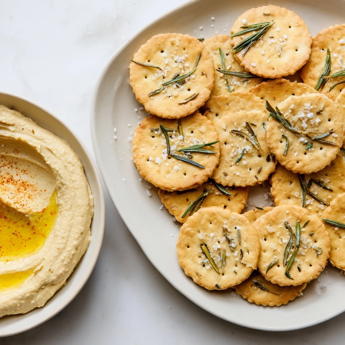 Golden, crispy Holiday Crackers with fresh rosemary arranged near creamy, smooth hummus, perfect for dipping.