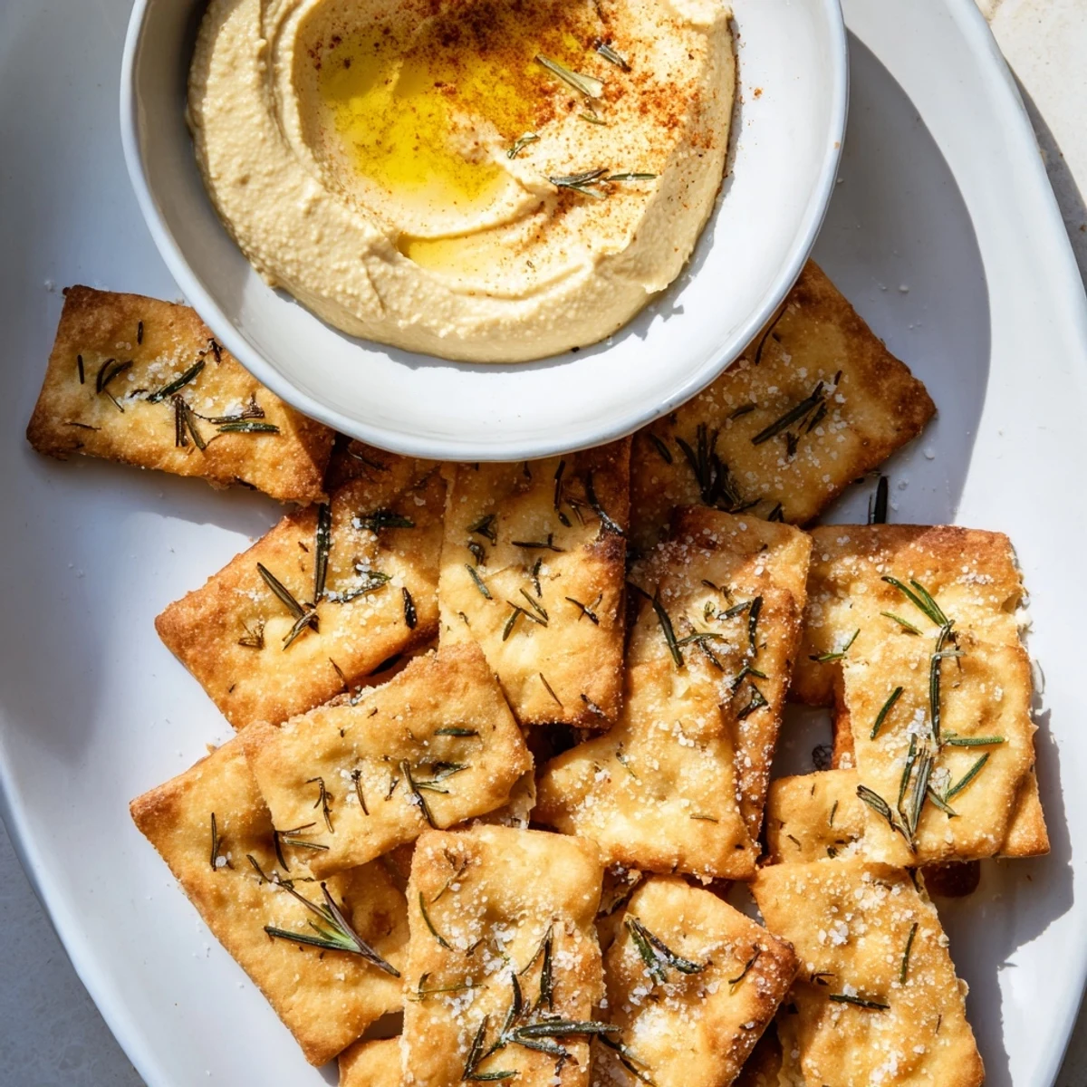 Close-up photo of baked Holiday Crackers, sprinkled with sea salt, next to a bowl of vibrant hummus.