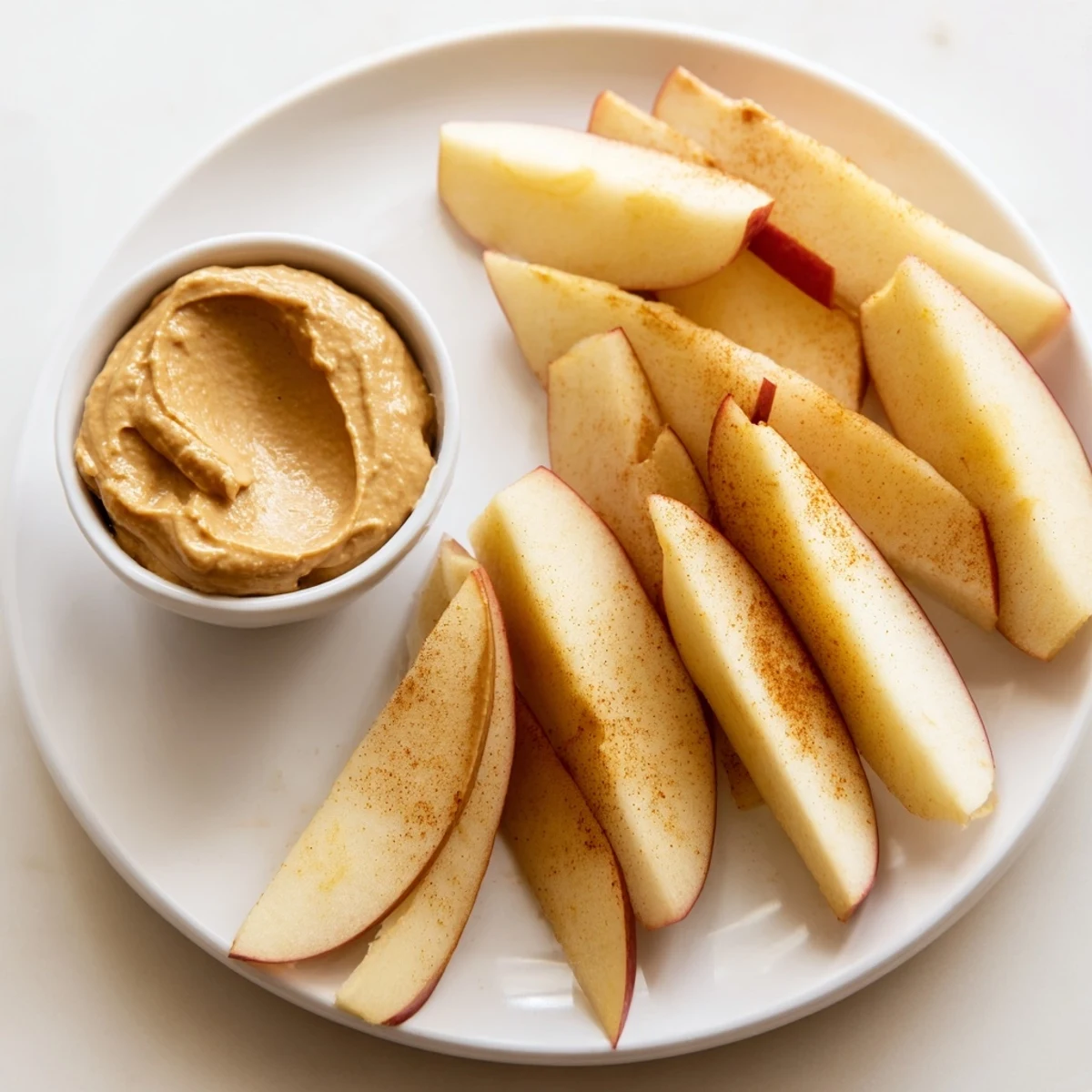 Crisp apple slices ready for dipping in a creamy peanut butter dip for a delightful snack.