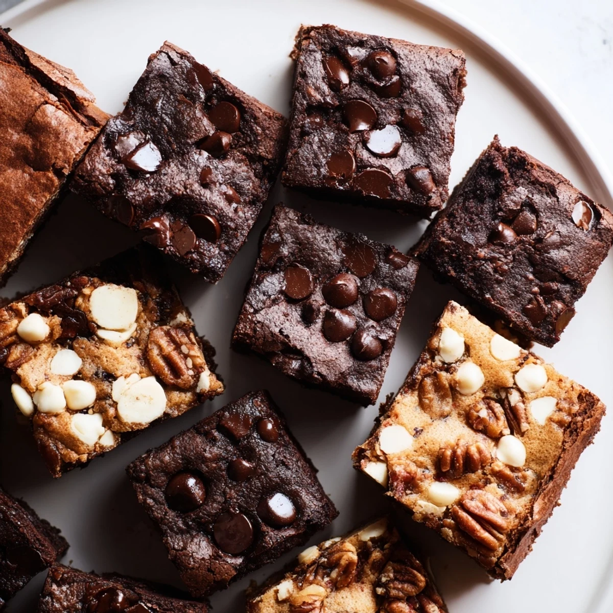 Rich chocolate brownies and buttery blondies on a dessert platter, a beautiful snack.
