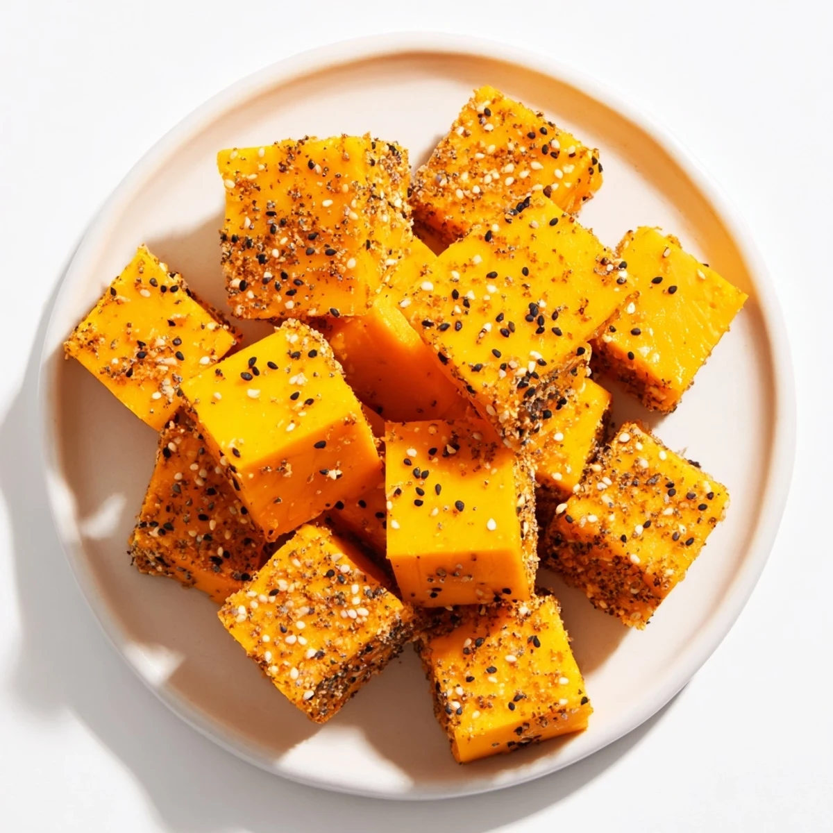 Golden, savory everything bagel seasoning cheese cubes ready to eat as a quick, flavorful snack.