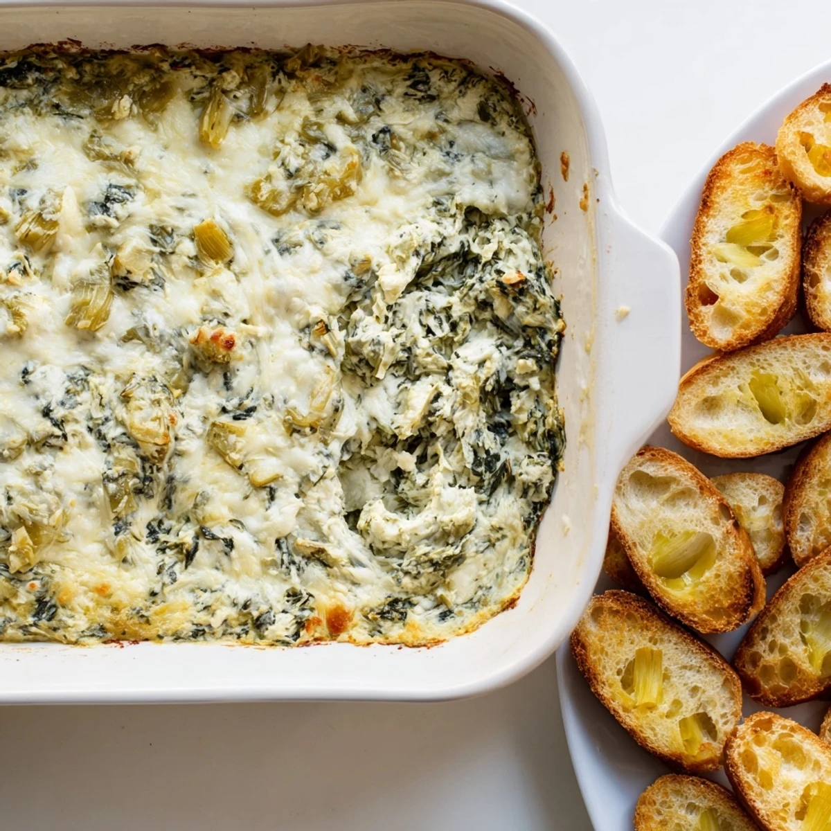 Warm and bubbly Spinach Artichoke Dip, served with golden, crispy baguette slices for dipping.