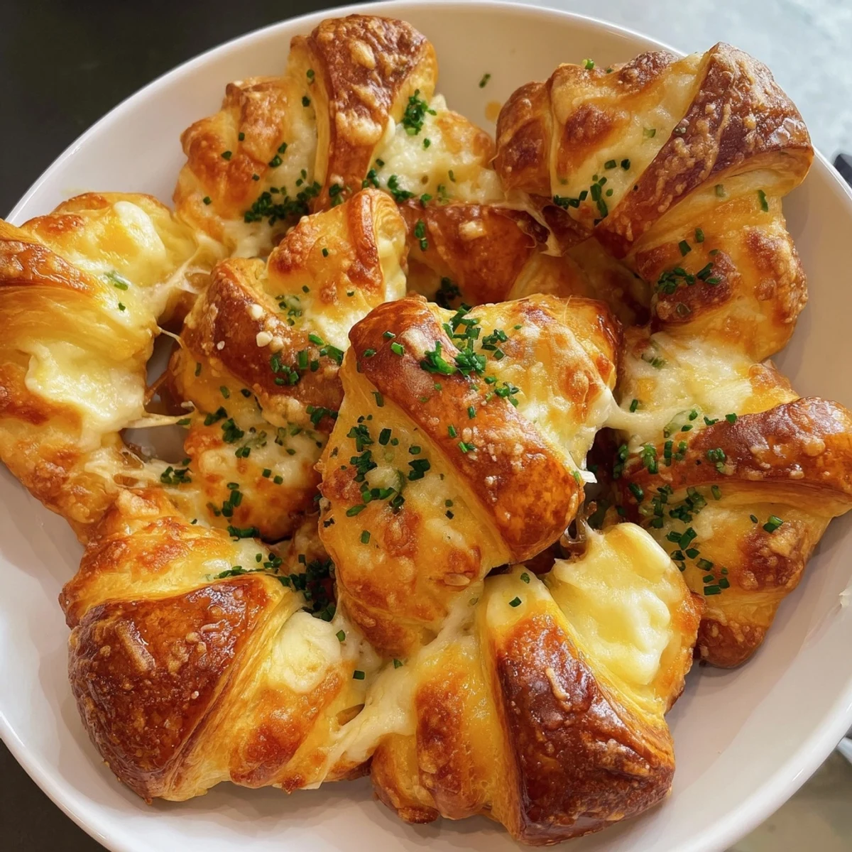 Pull-apart Savory Rolls: Crescent Roll Baked Cheese Bites, boasting a flaky crust and delicious, melty cheese filling.