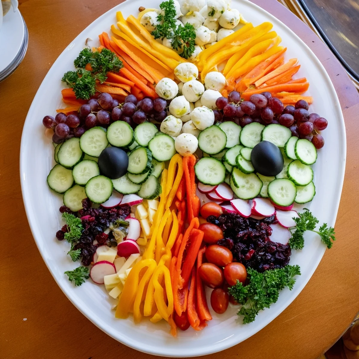 Colorful The Masquerade Mask platter featuring olives, bell peppers, grapes, and an array of cheeses ready to eat.