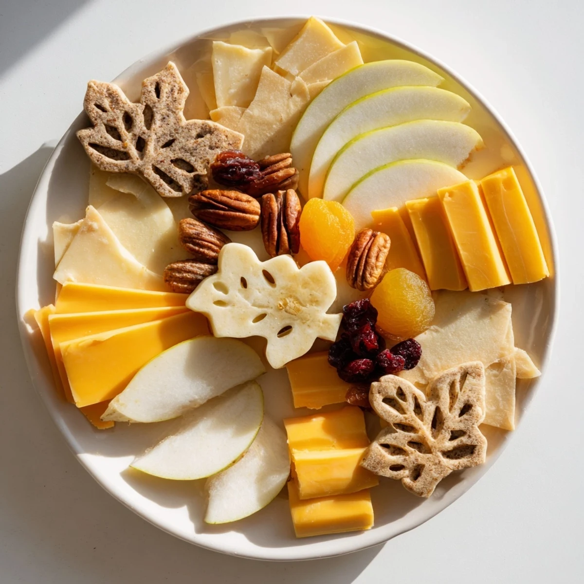 Perfectly arranged Thanksgiving Leaf Fall snack board with colorful cheeses and fruit leaves.