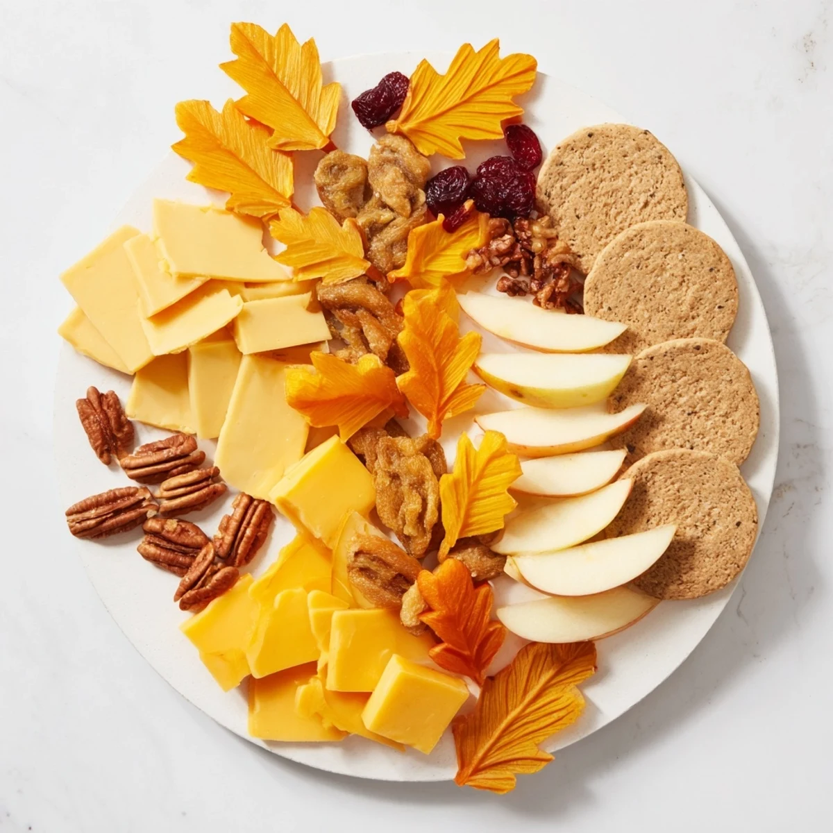 Fall colors abound in this Thanksgiving Leaf Fall display; flavorful cheese and crackers await.