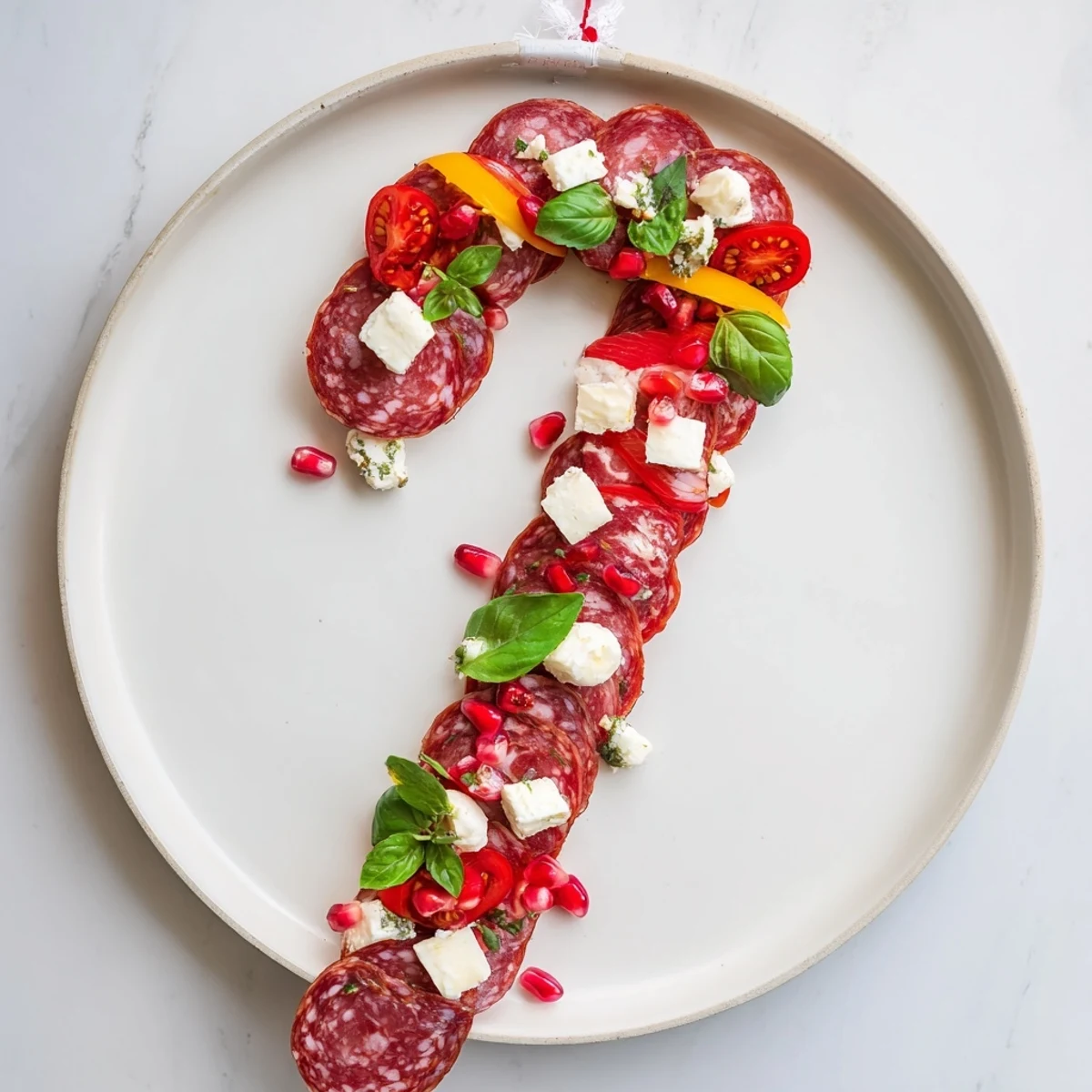 Festive Candy Cane Zigzag charcuterie board with vibrant red salami and white mozzarella cheese for holidays.