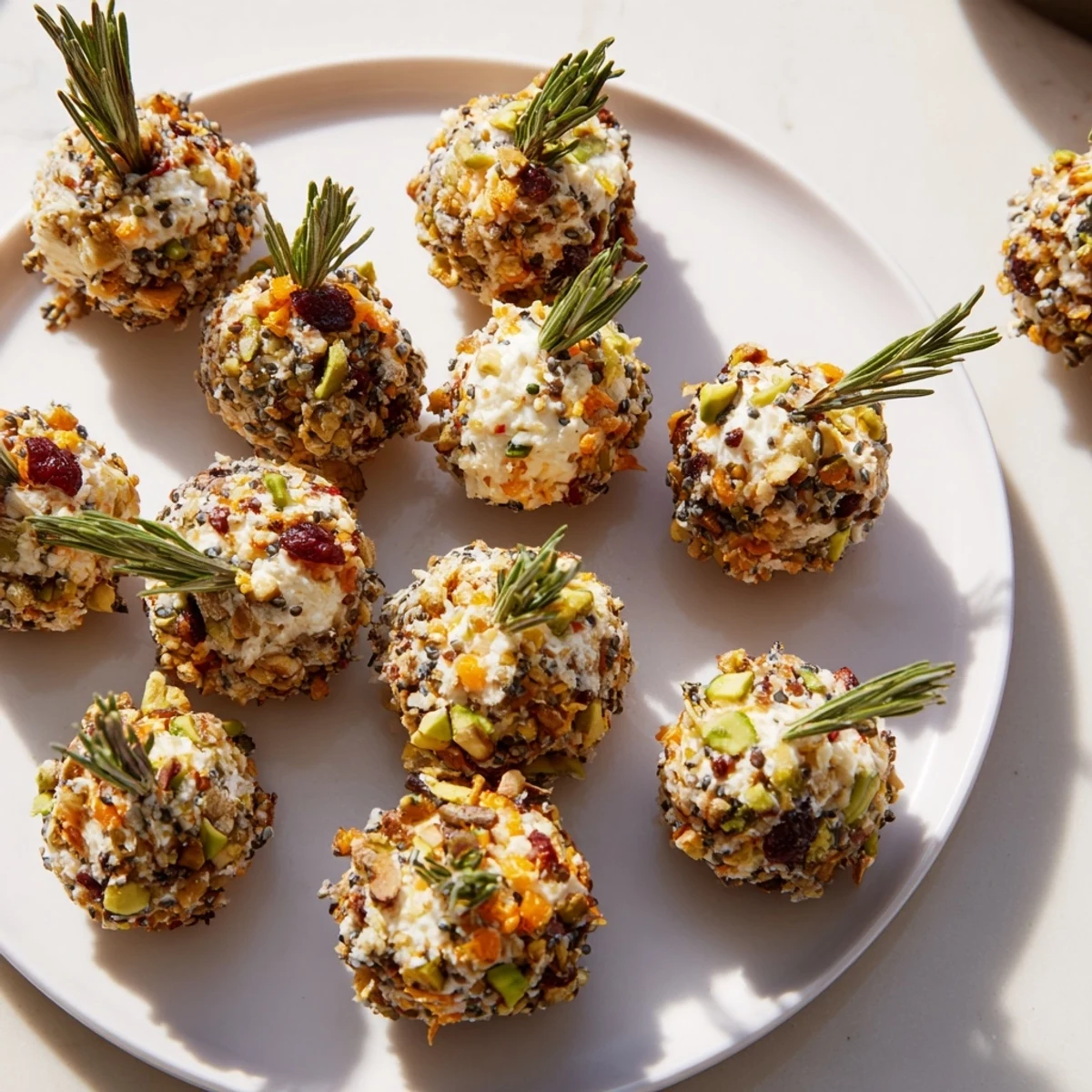 Close-up of savory Holiday Ornament Clusters, a visually appealing appetizer on a serving platter with cracker options.