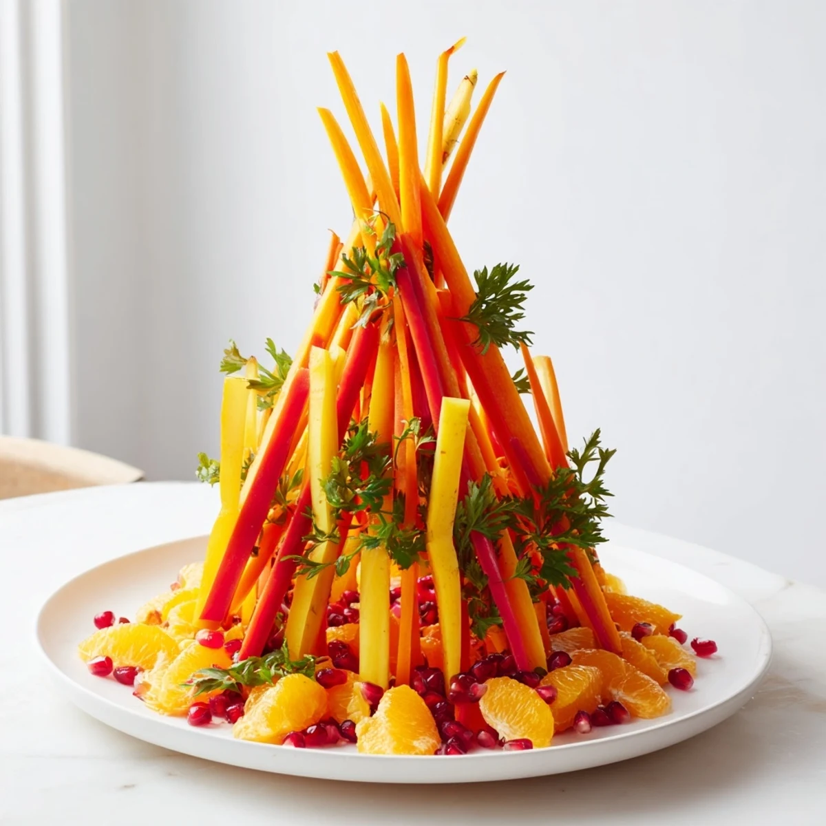 Imagine a festive Bonfire Warmth Centerpiece: carrot "logs" with yellow peppers and pomegranate sparkle.