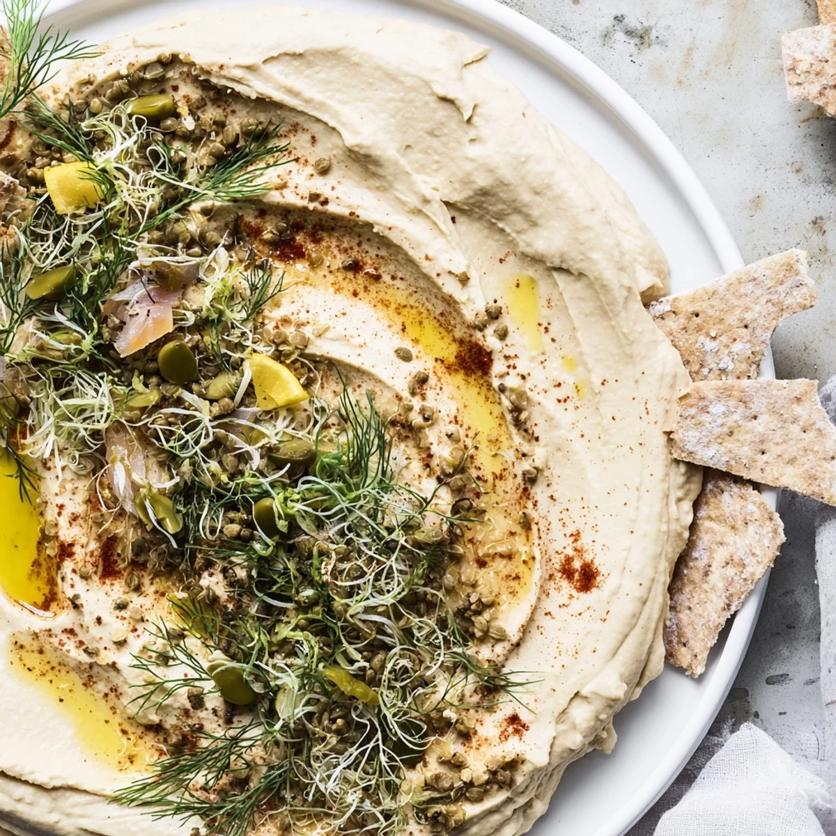 The Driftwood Beach appetizer beautifully showcases smoked fish, creamy hummus, and rustic crackers for dipping.