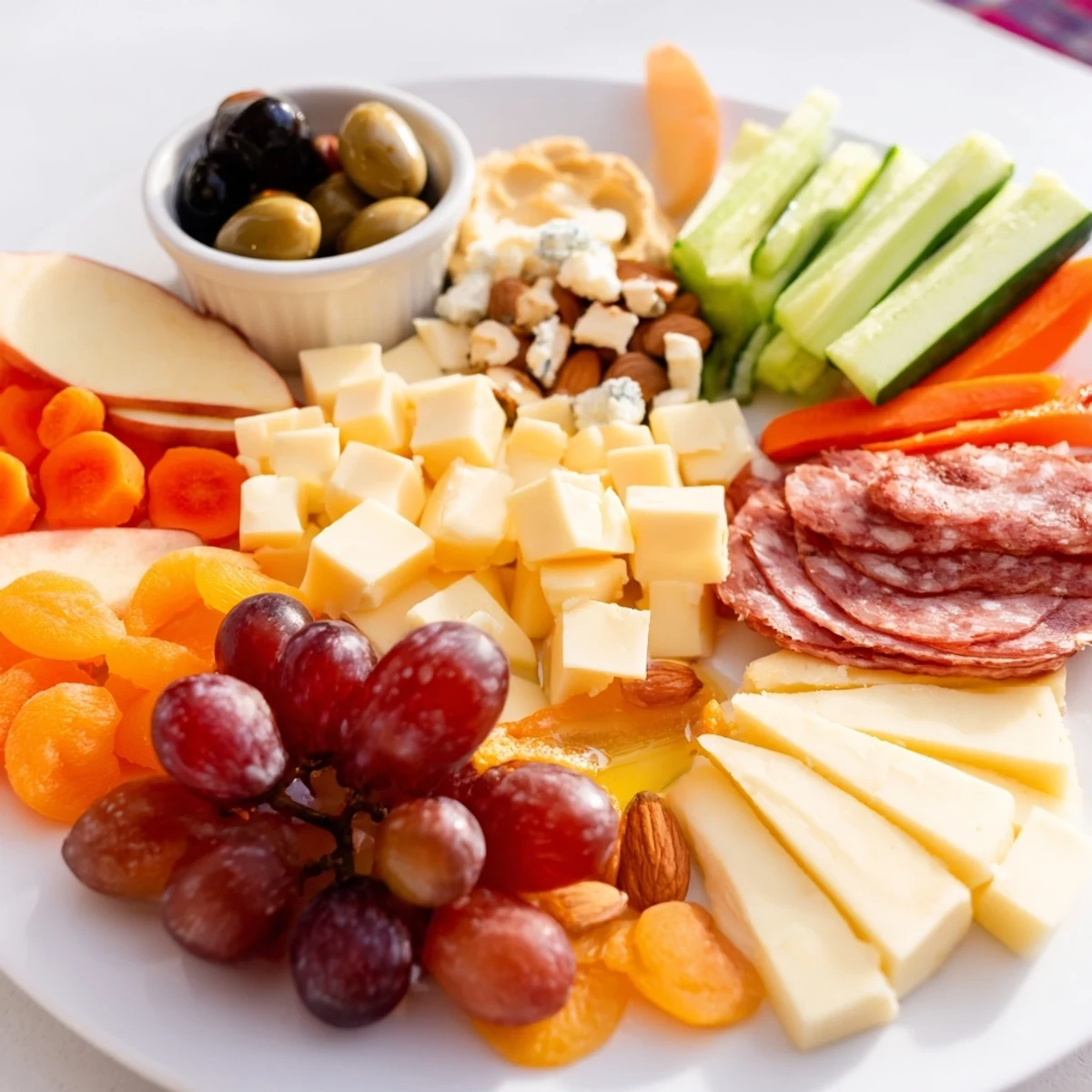 Picnic Basket Snack Board arranged with colorful fruits, cheeses, and crackers ready to enjoy outdoors.