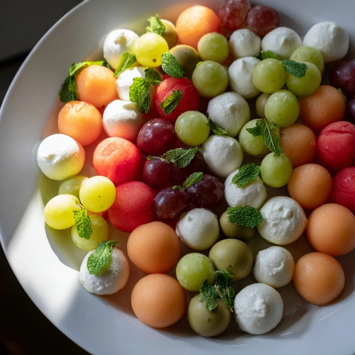 Vibrant Polka Dot Platter appetizer with melon, grapes, and mozzarella spheres for easy party bites.