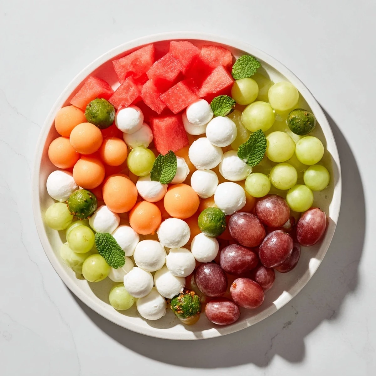 A visually stunning Polka Dot Platter, a rainbow of fruit, cheese, and olive spheres, ready to enjoy.