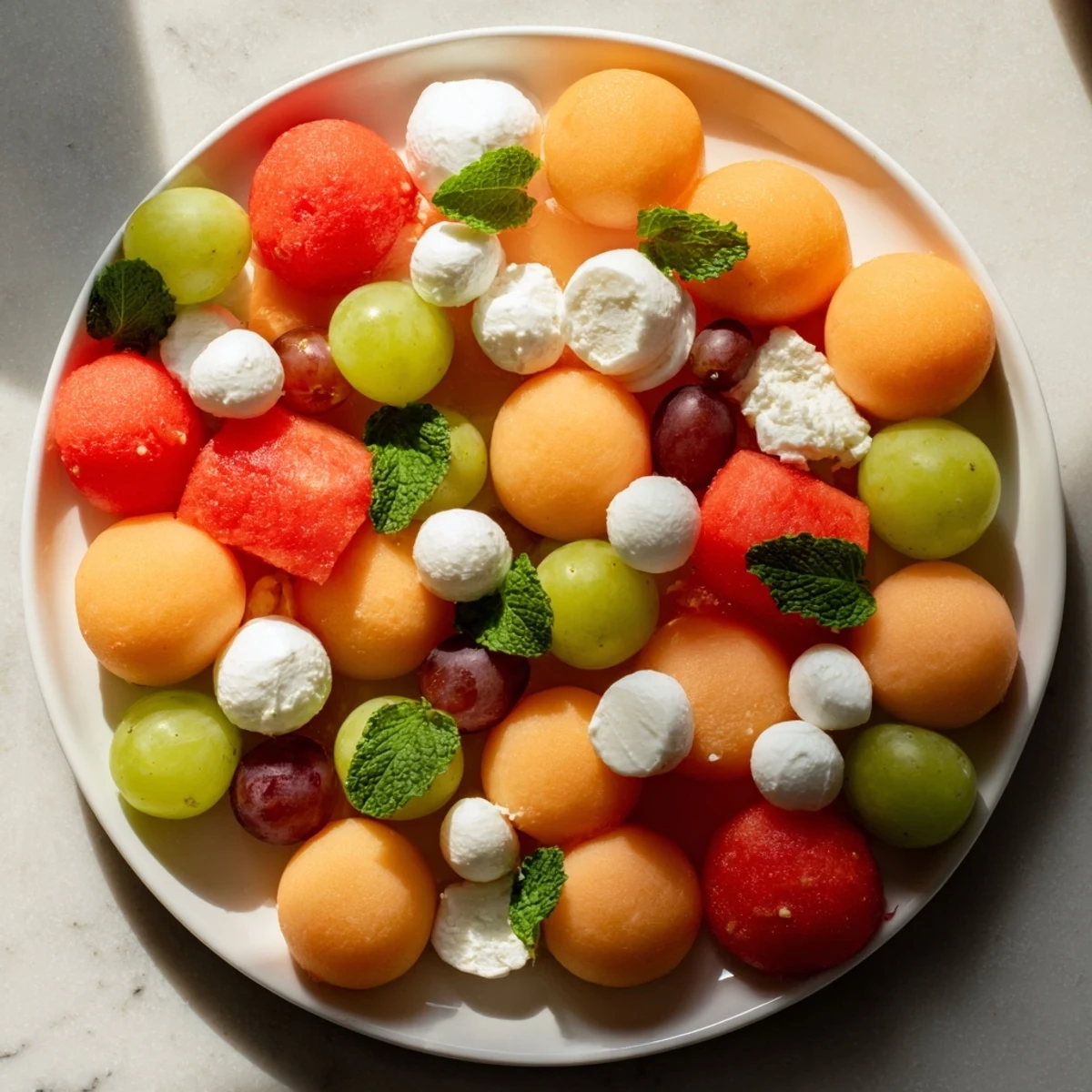 Colorful Polka Dot Platter appetizer: chilled fruit, cheese balls, offering a refreshing and playful treat.