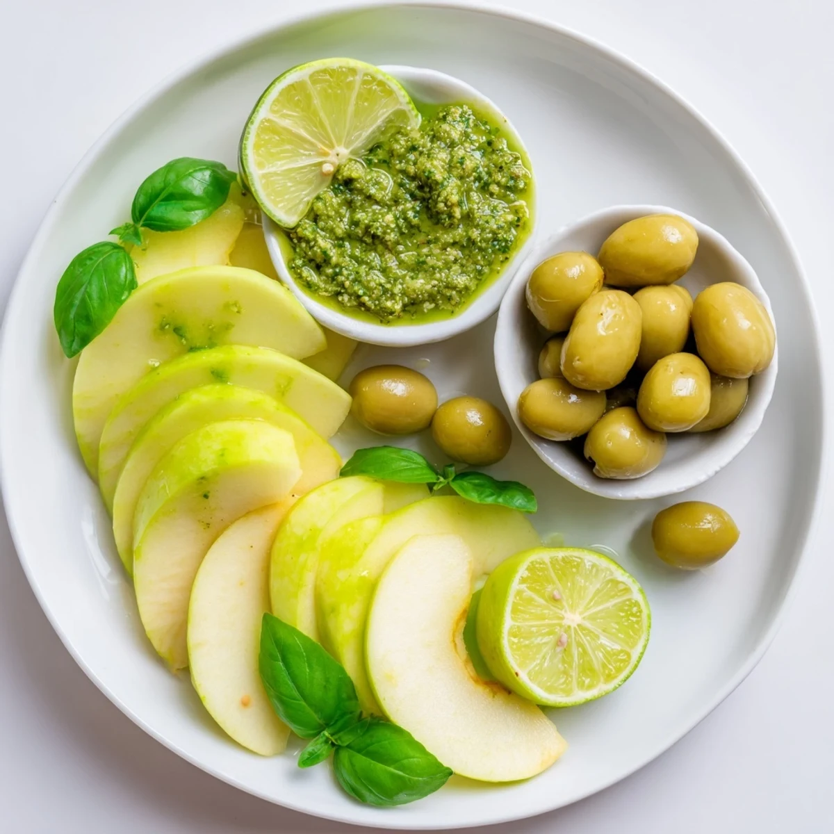 Vibrant Emerald City snack board: Green apples, pesto, limes, and olives for a quick appetizer.