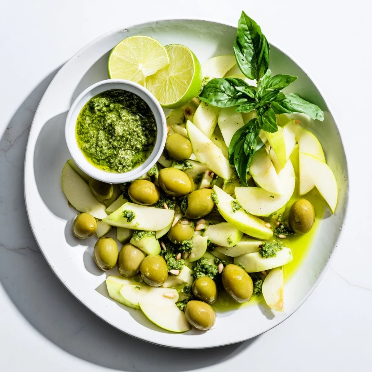 A gorgeous Emerald City board, showcasing crisp sliced apples and bright green pesto and olives.