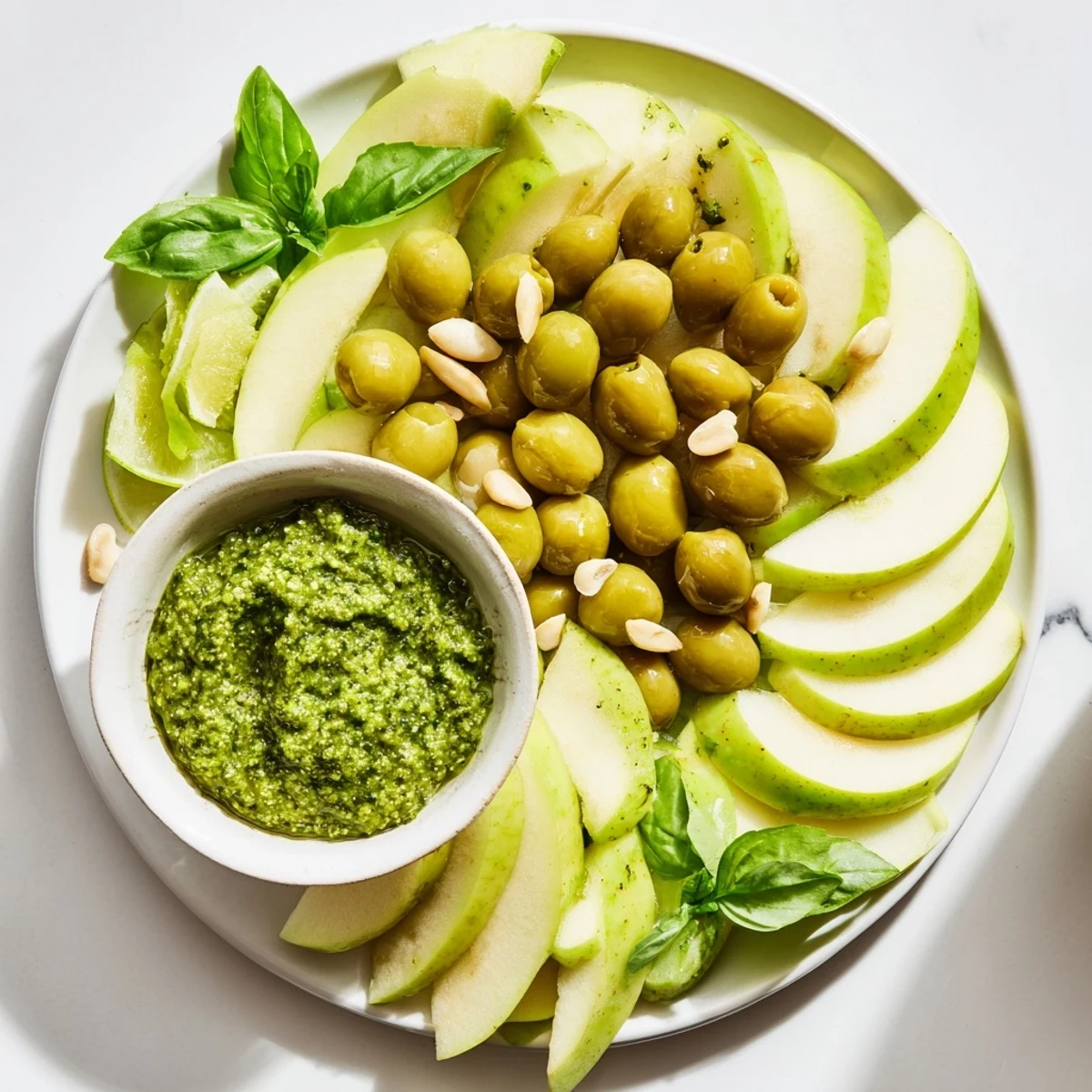 Appetizing Emerald City board: Fresh Granny Smith apples, zesty limes, and salty green olives await.