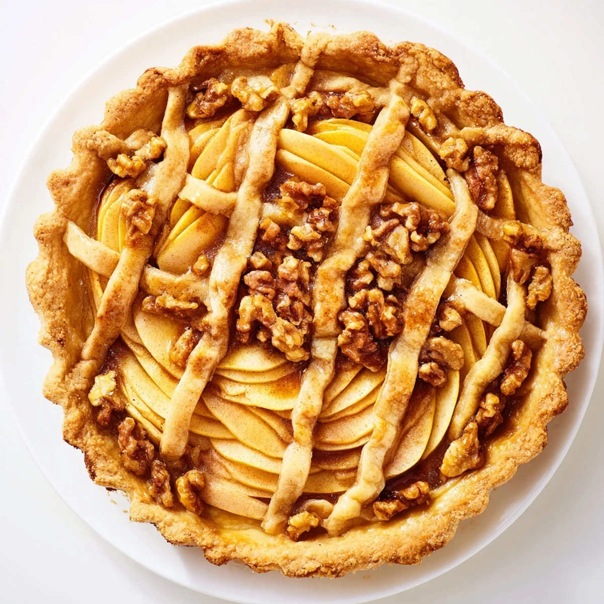 Golden lattice orchard tart, showcasing intricate apple weave with honey-glazed walnuts inside.