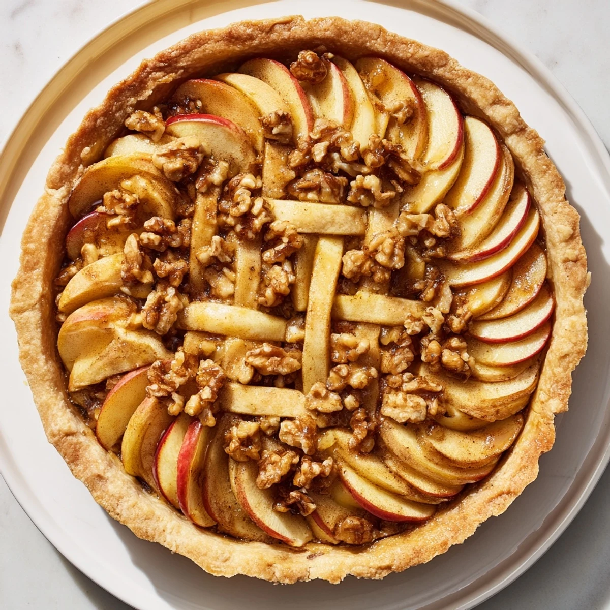 Crisp, golden brown Lattice Orchard dessert, featuring shiny apple slices and warm, spiced filling.