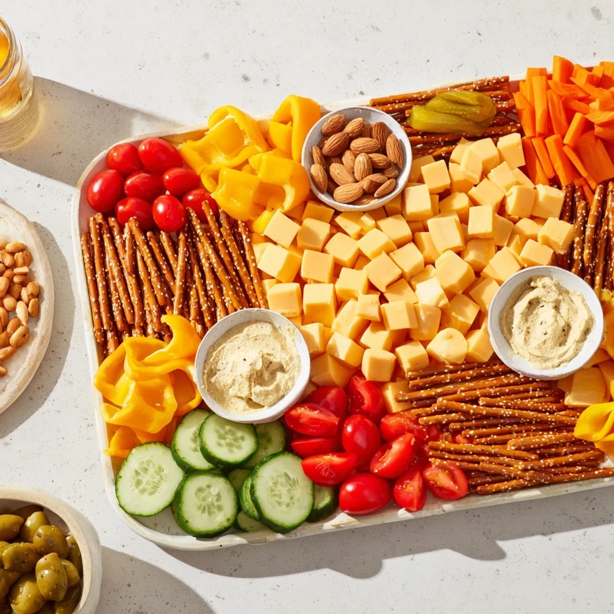 A delicious overhead view shows The Urban Grid platter, perfect for party snacking with varied, colorful ingredients.