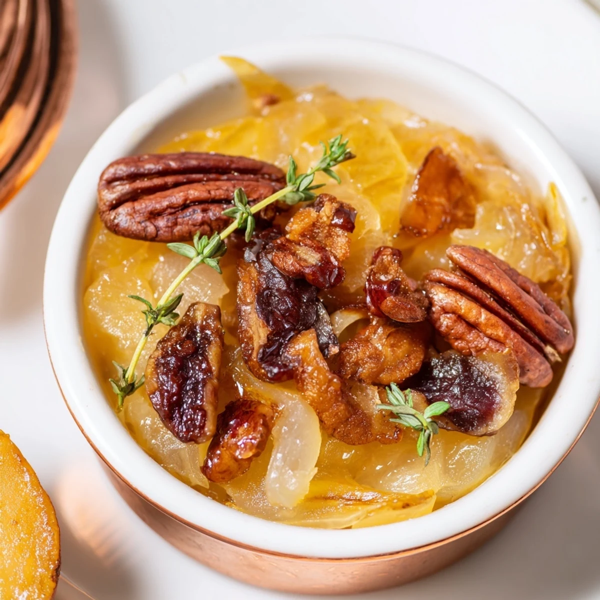 Rustic Copper Kettle appetizer in a copper ramekin, showcasing golden caramelized onions with toasted pecans.