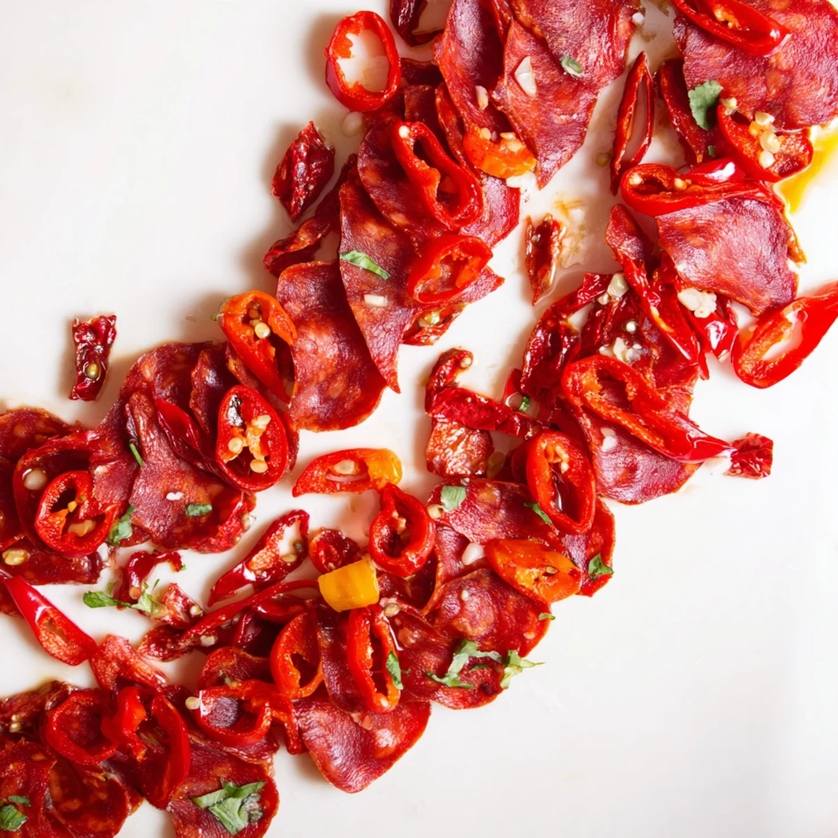 Vibrant Crimson Tide appetizer arrangement of spicy chorizo, sweet cherries, and red peppers on crackers.