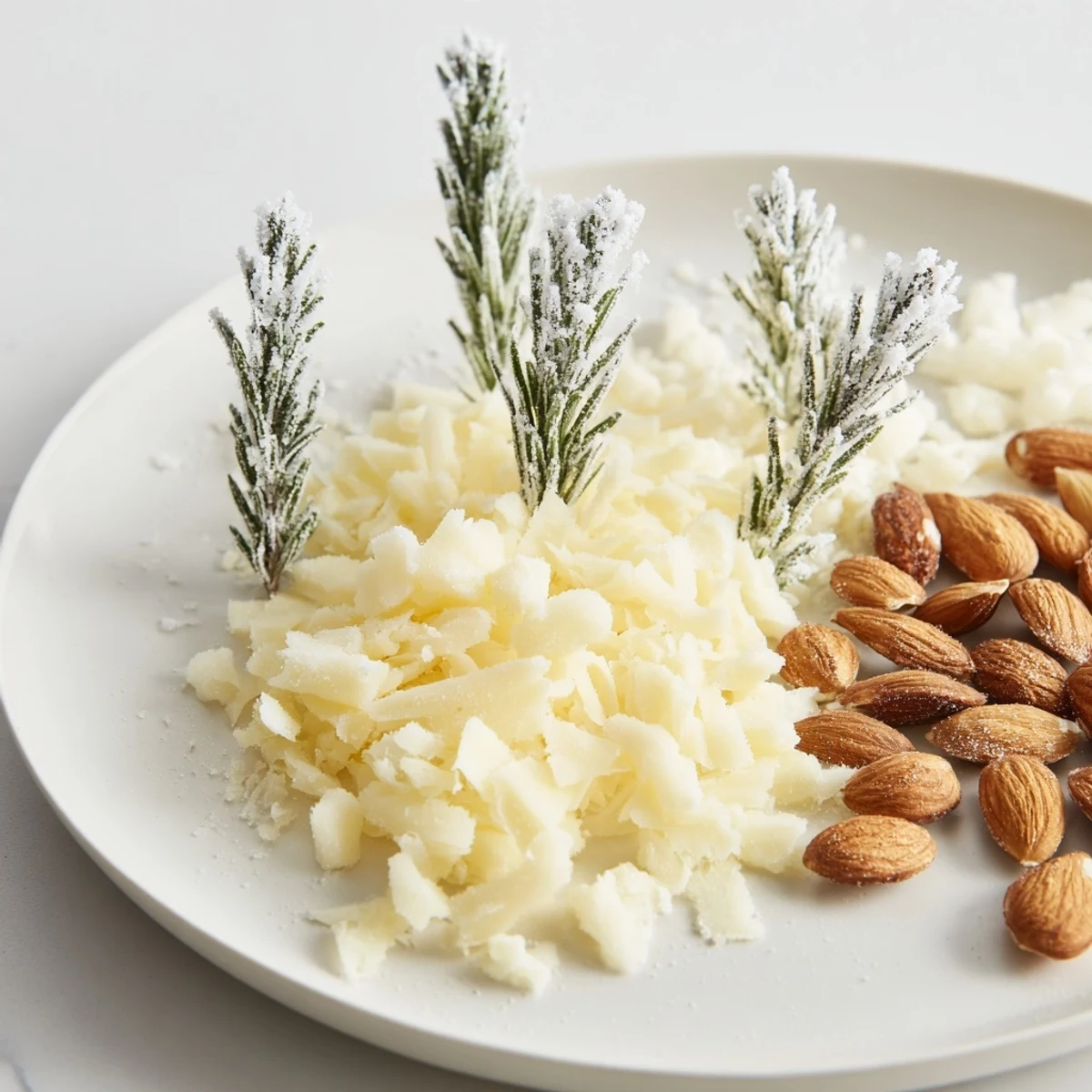 A frosty "Frosted Pine" cheese platter with sugared rosemary pines and cheddar snow.