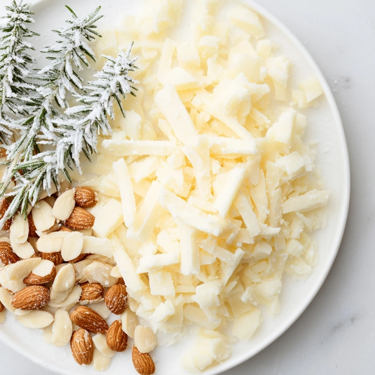 Festive "Frosted Pine" cheese board with snowy white cheddar and sugared winter rosemary sprigs.