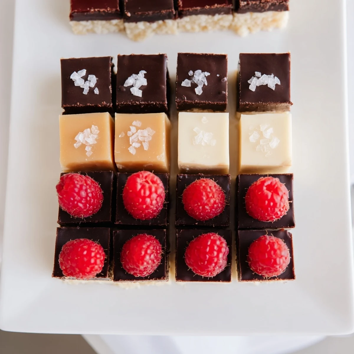 A visually appealing overhead shot featuring a decadent Checkerboard Terrace dessert with distinct flavor squares.