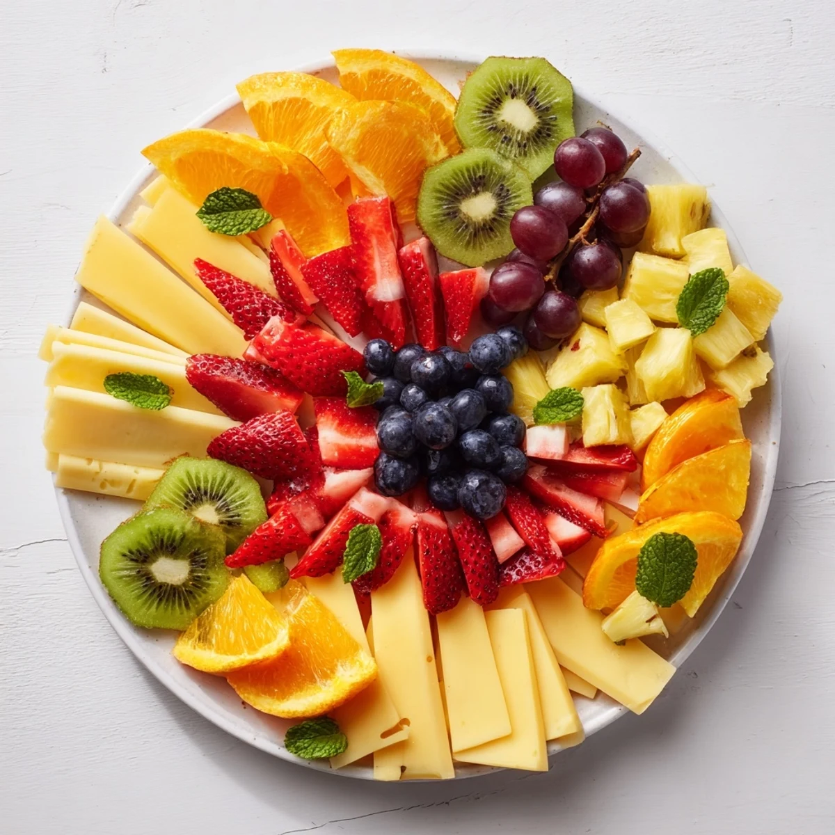 Vibrant Kaleidoscope Circle platter showcasing fresh fruit wedges and assorted cheeses, ready to serve beautifully.