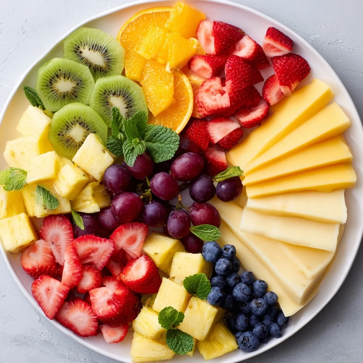 Beautiful kaleidoscope of fruit and cheese: The Kaleidoscope Circle appetizer, arranged for a delightful presentation.