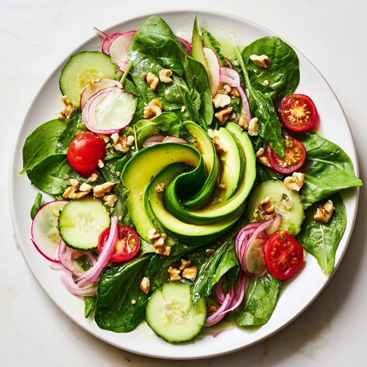 Vibrant Fibonacci Fan Salad features fresh greens, tomatoes, and avocado arranged beautifully on a platter.