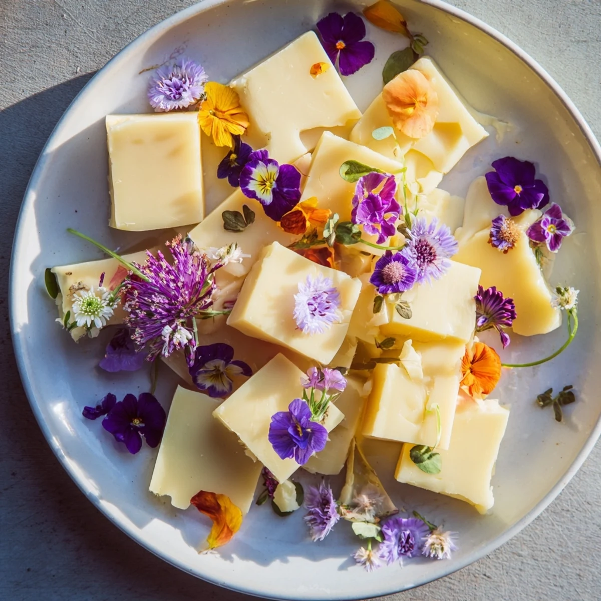 The Secret Garden appetizer features colorful microgreens and flowers disguising delightful cheese cubes.