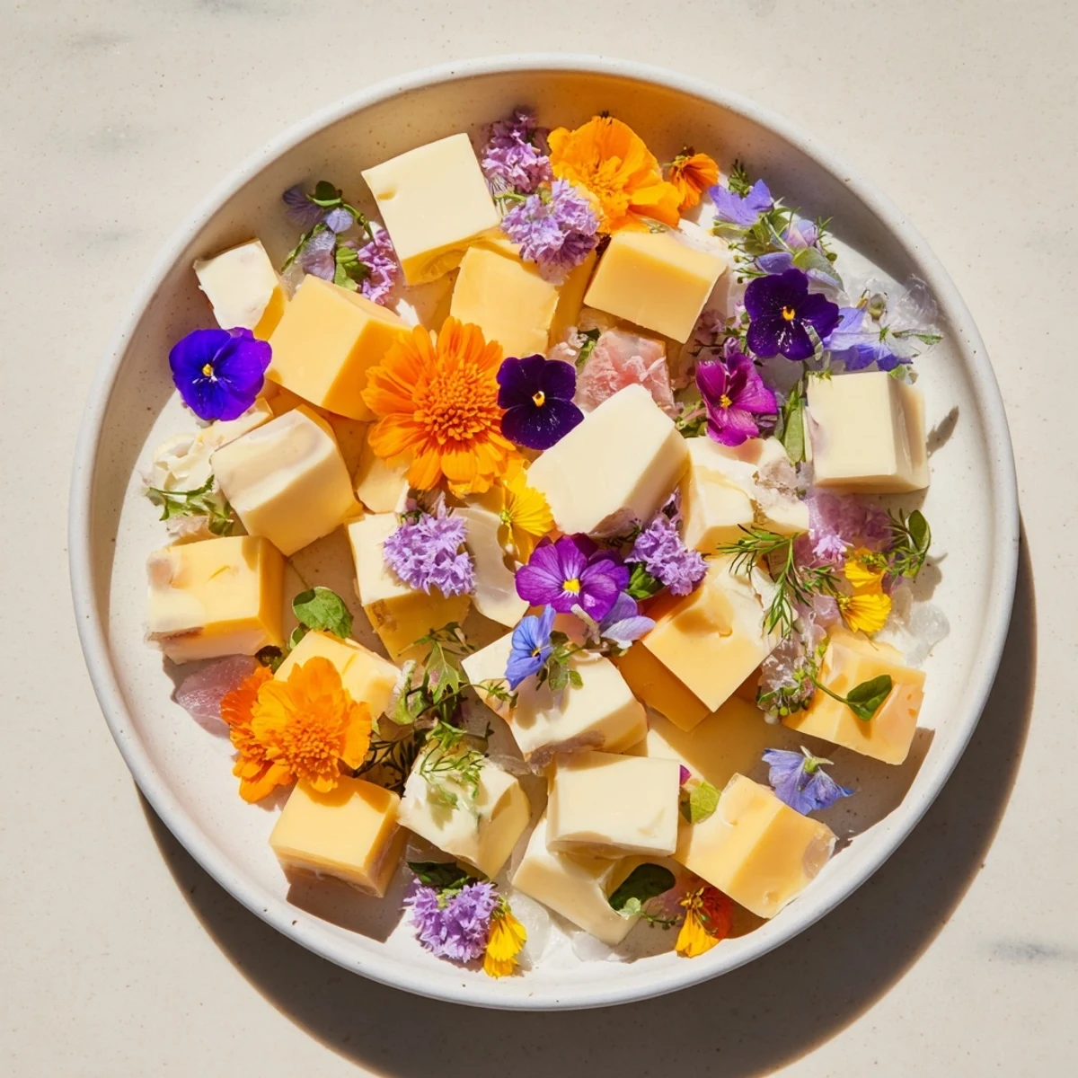 See colorful edible flowers and greens topping The Secret Garden, a beautiful cheese appetizer to enjoy.
