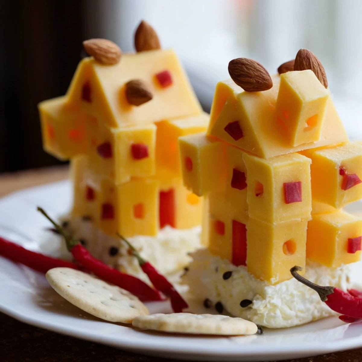 A charming Alpine Village: cheese cubes topped with almond roofs, snow-covered crackers perfect for snacking.