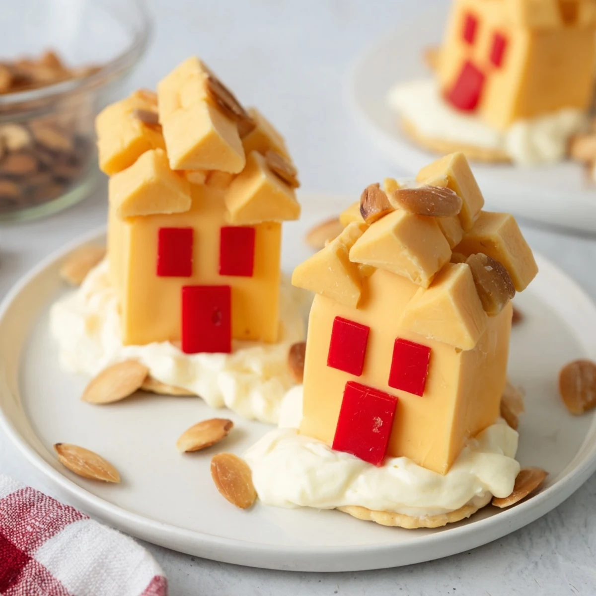 Miniature Alpine Village appetizer: close up view of cheese houses with almond roofs on snowy crackers; delicious!