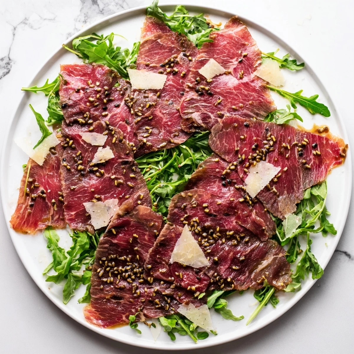 Delicate Origami Fold Beef Appetizer, arranged artfully on a bed of fresh arugula for serving.