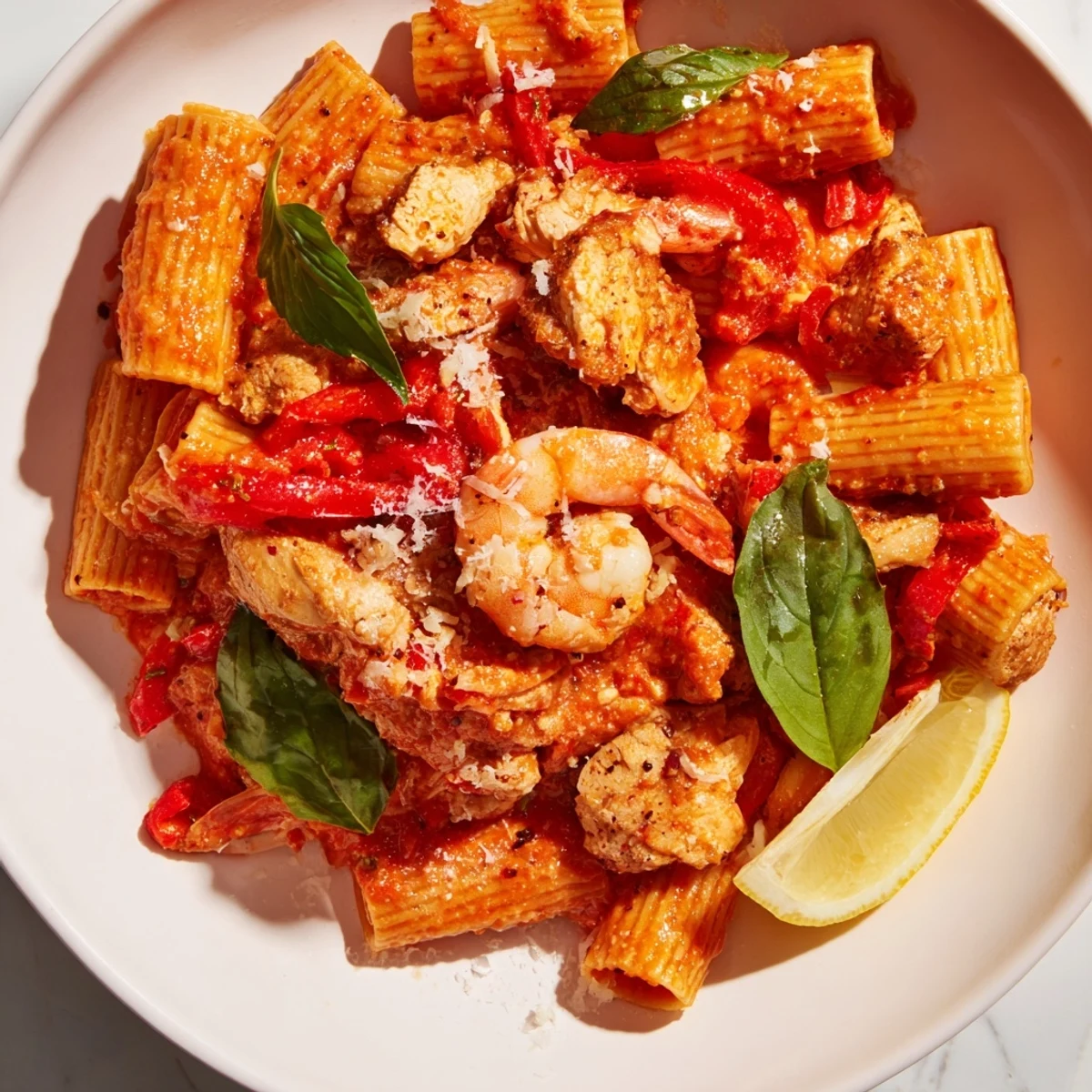 One-Pot Diavola Pasta with Shrimp, a colorful dish with shrimp and spicy tomato sauce.
