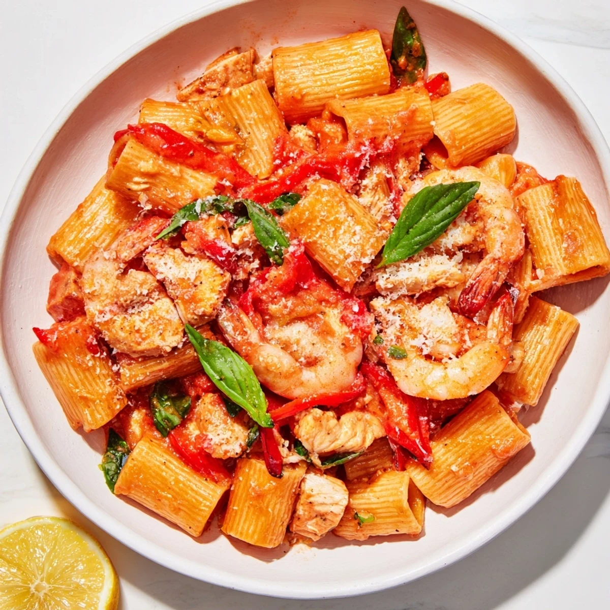Flavorful One-Pot Diavola Pasta with Shrimp, garnished with fresh basil, ready to eat.
