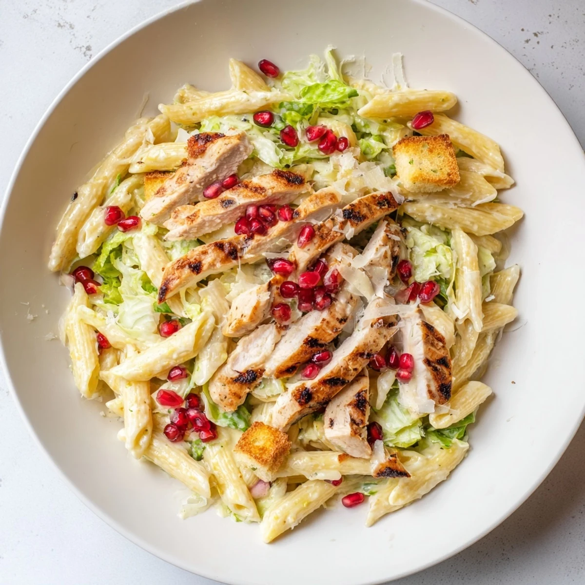 Creamy, flavorful Chicken Caesar Pasta with pomegranate, garnished with vibrant red pomegranate seeds and fresh parsley.