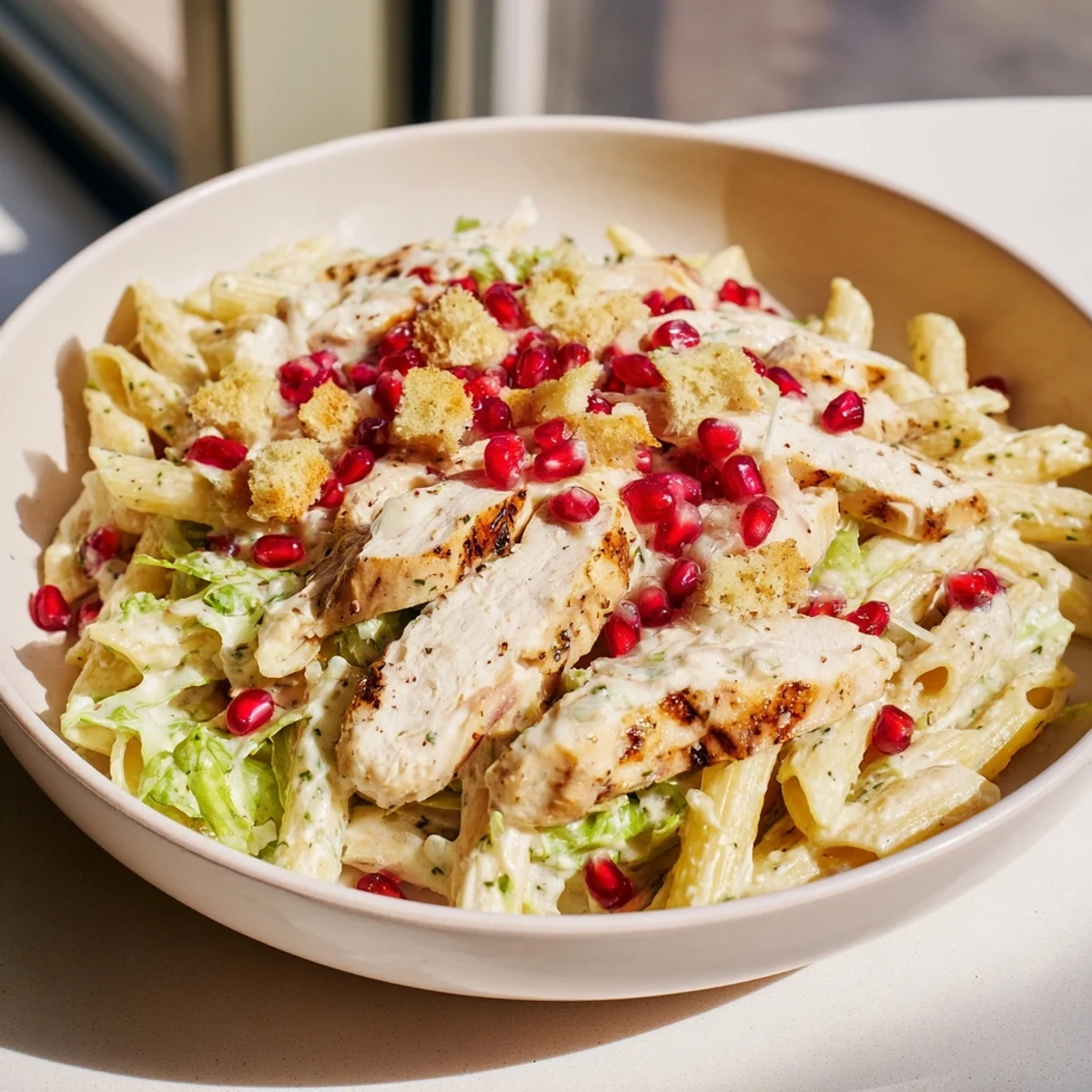 This Chicken Caesar Pasta features grilled chicken, penne pasta, and a zesty Caesar dressing, beautifully topped with pomegranate.