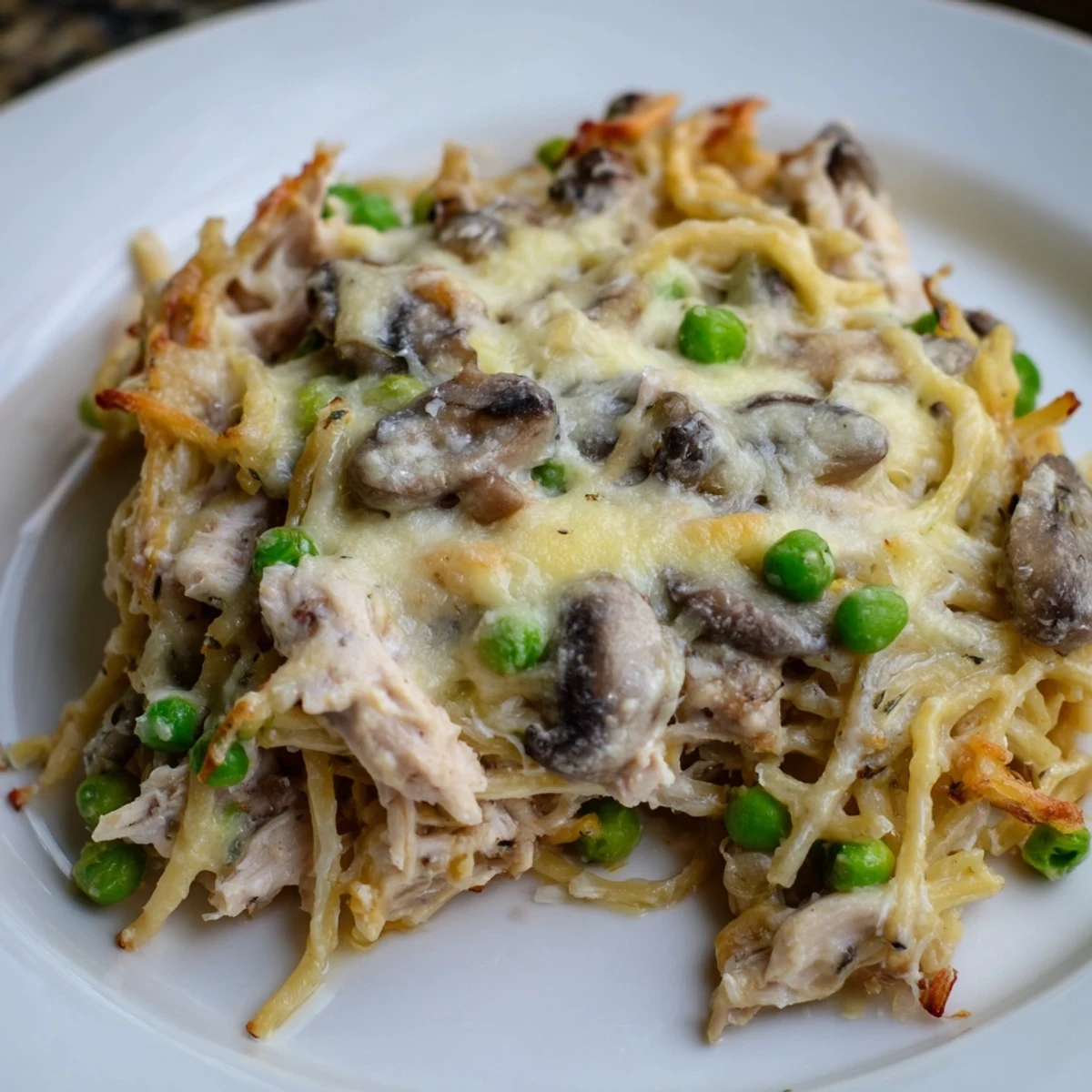 A bubbling casserole of Turkey Tetrazzini, generously topped with cheese, promises a rich, savory meal.