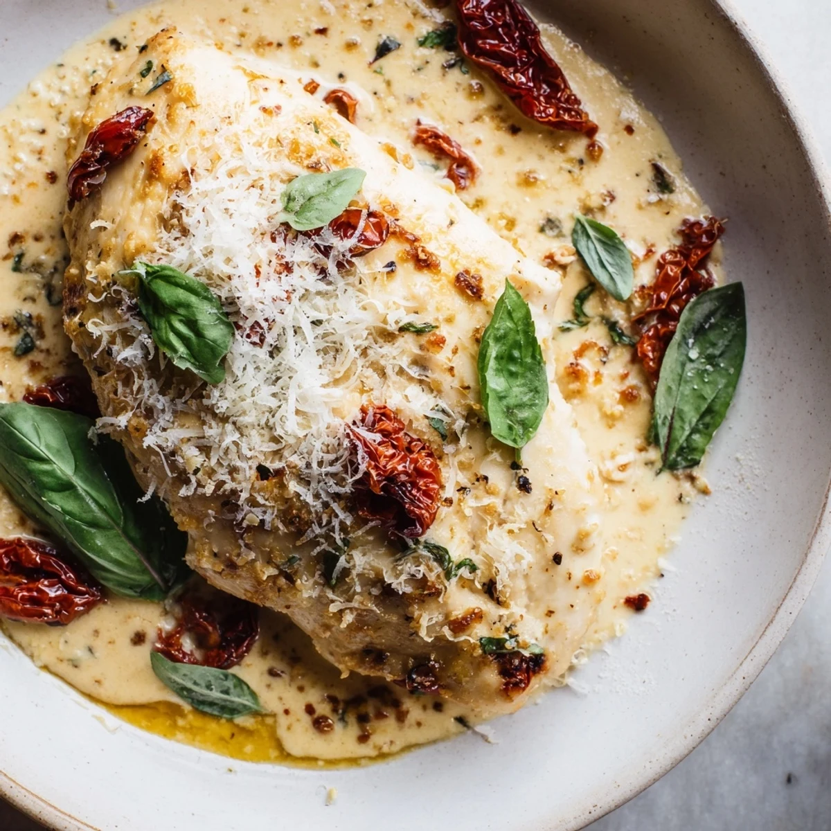 Golden-brown Marry Me Chicken in a creamy, sun-dried tomato sauce, ready for Parmesan "snow."