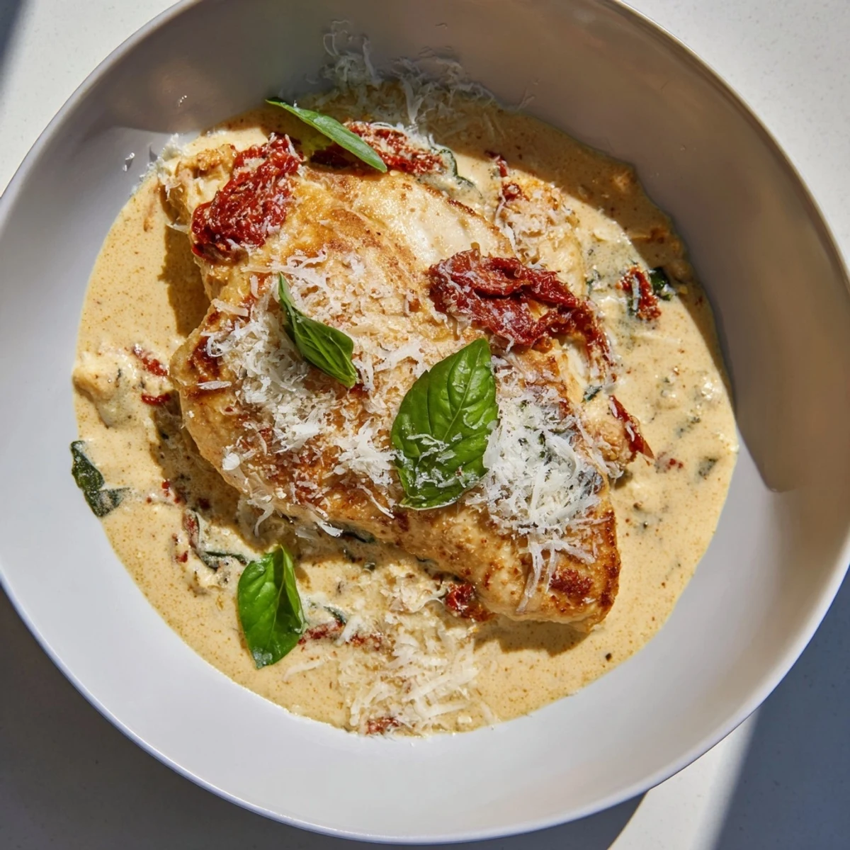 Creamy, flavorful Marry Me Chicken with a thick sauce and a generous dusting of grated Parmesan cheese.