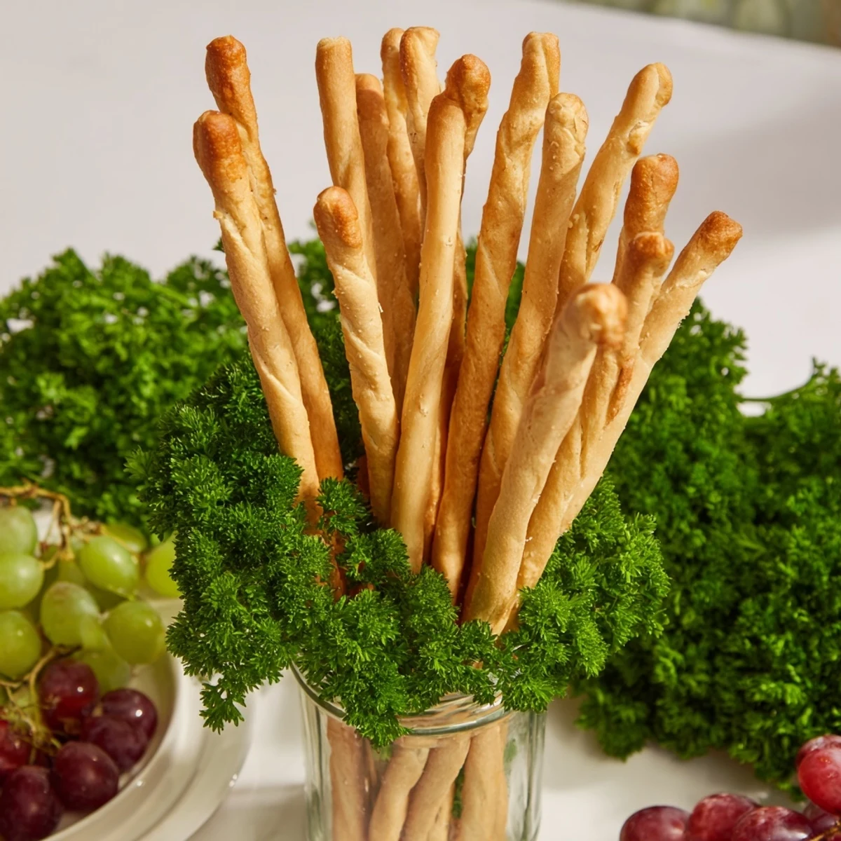 Vibrant The Vertical Forest photo showcases breadsticks in glasses among fresh parsley and grapes for guests.