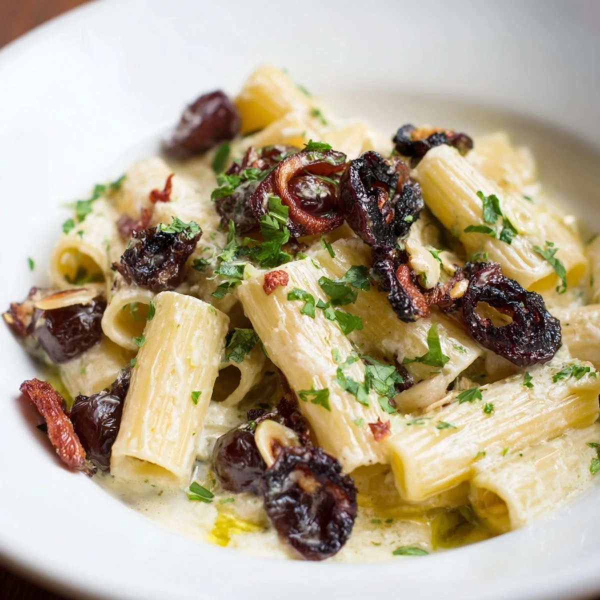 Pasta with roasted grapes and ricotta, a vibrant dish of blistered grapes nestled in creamy pasta.