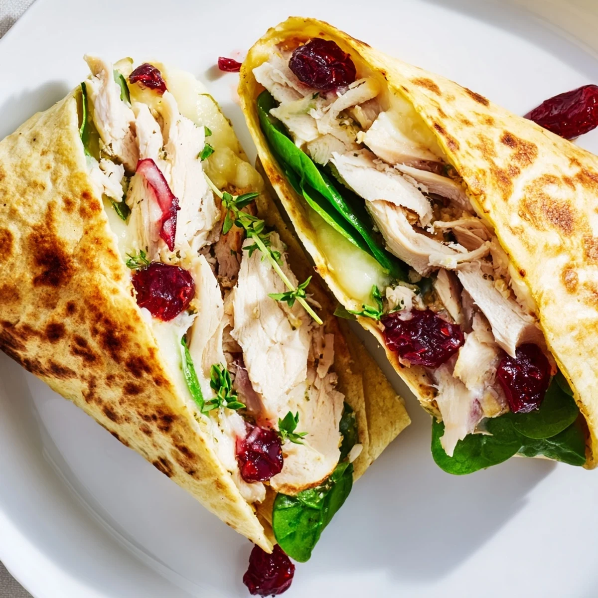 Chicken and Brie Holiday Wrap, a toasted tortilla filled with melty brie and juicy chicken.